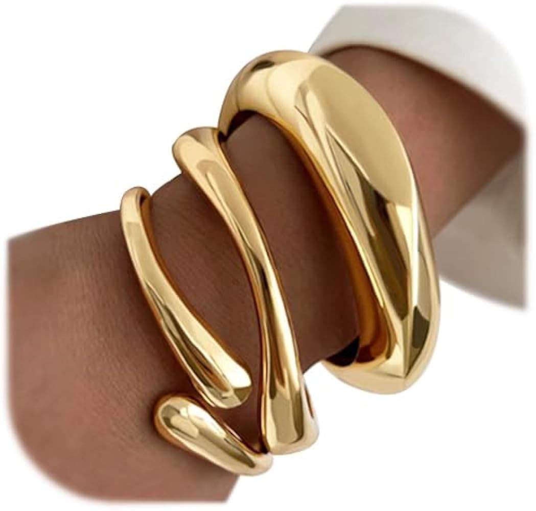 Chunky Gold Bangle Bracelets for Women, Dainty 14k Gold Plated Big Stackable Bangles Set, Trendy ... | Amazon (US)