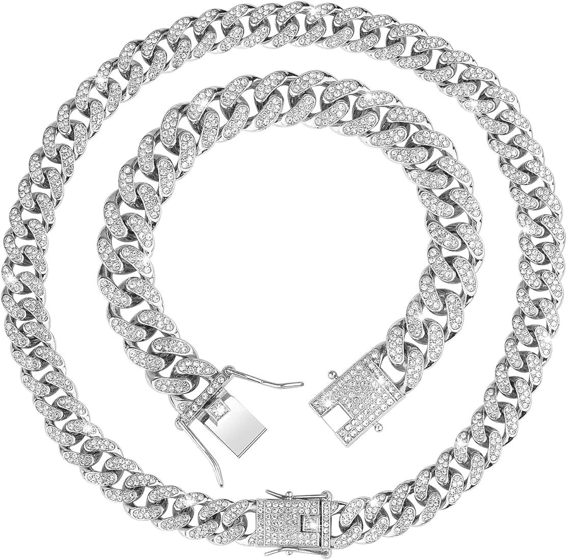 ASTER 2Pieces 12mm Cuban Chain Necklace Bracelet Rhinestone Inlaid Necklace Bracelet for Men Wome... | Amazon (US)