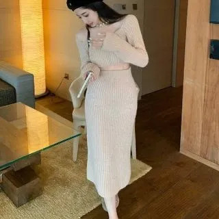 Cropped Sweater / Midi Knit Skirt | YesStyle Global