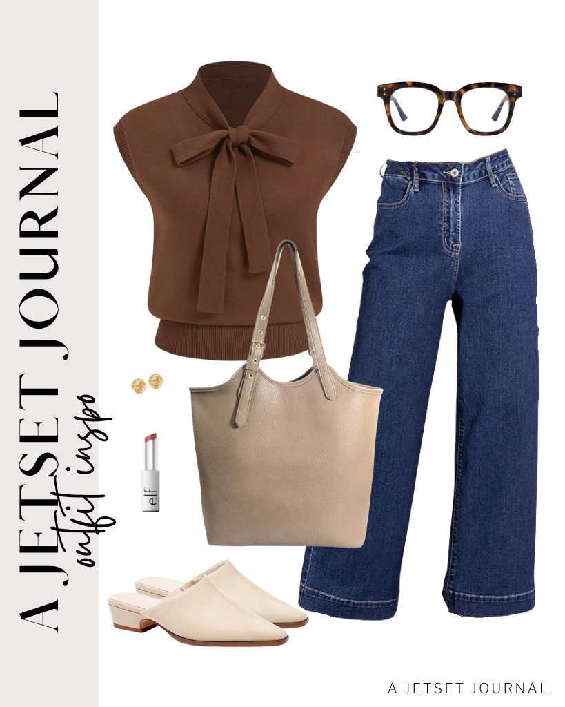 You can also wear this combination of a brown bow-tie sweater vest and DOKOTOO wide-leg jeans. This clean look can be styled with Coutgo square-toe mules and a HOXIS tote bag. We are loving these gold love knot earrings for this fit, too.

#LTKSeasonal #LTKSaleAlert #LTKTravel
 

 