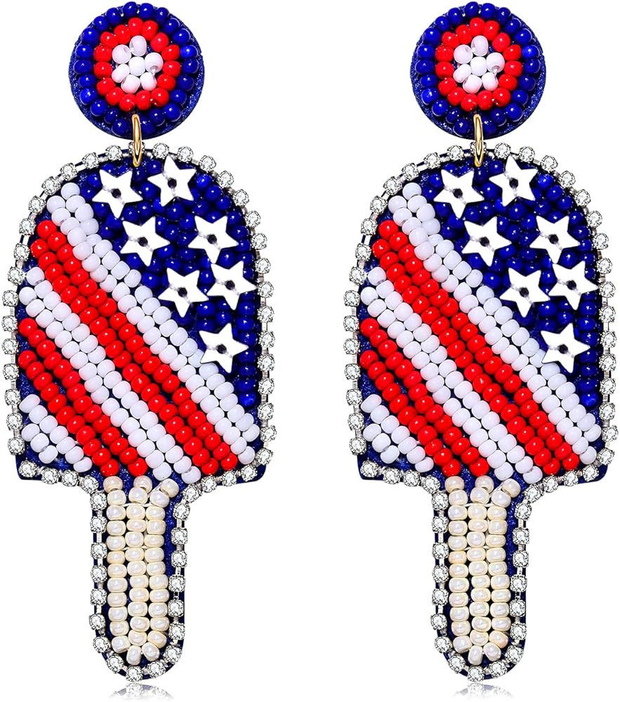 American Flag Earrings 4th of July Earrings for Women Beaded Heart Star Flag Dangle Drop Earrings... | Amazon (US)