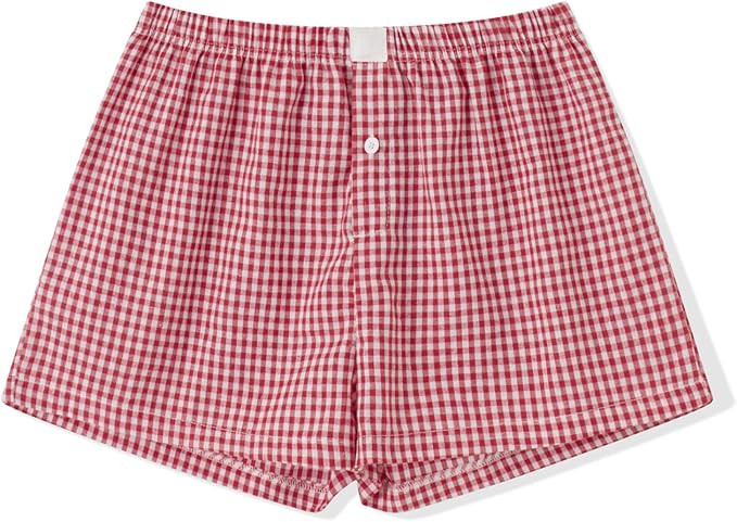 Women Gingham Boxer Shorts Y2k Cute Stripes Plaid Button Elastic Waist Lounge Boxers | Amazon (US)