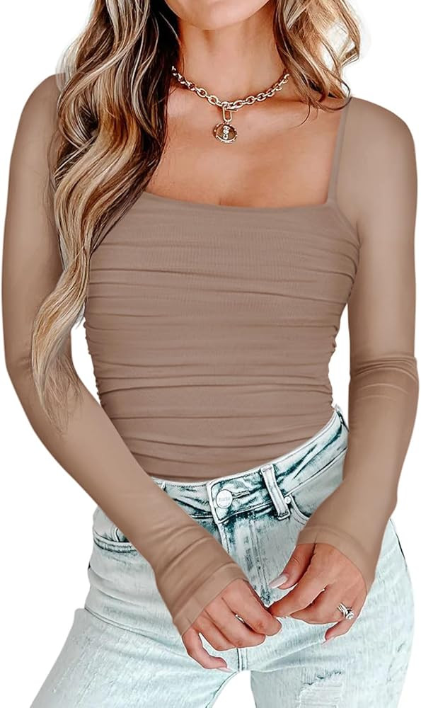 PINKMSTYLE Womens Square Neck Mesh Long Sleeve Bodysuit Shapewear Corset Tops Sexy Concert Outfit... | Amazon (US)