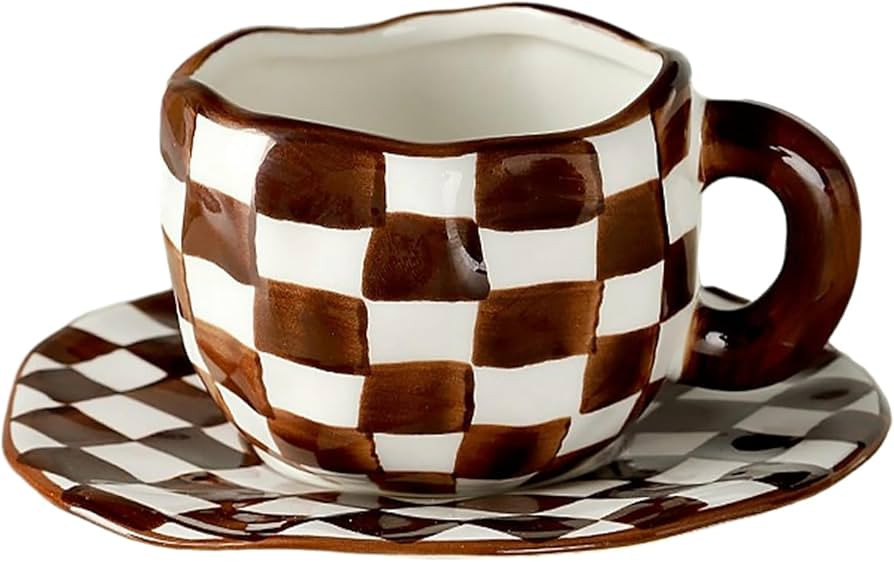 300ml/10oz Creative Personalized Ceramic Mug Cute Girl Coffee Cup Set-Hand held checkered cup and... | Amazon (UK)