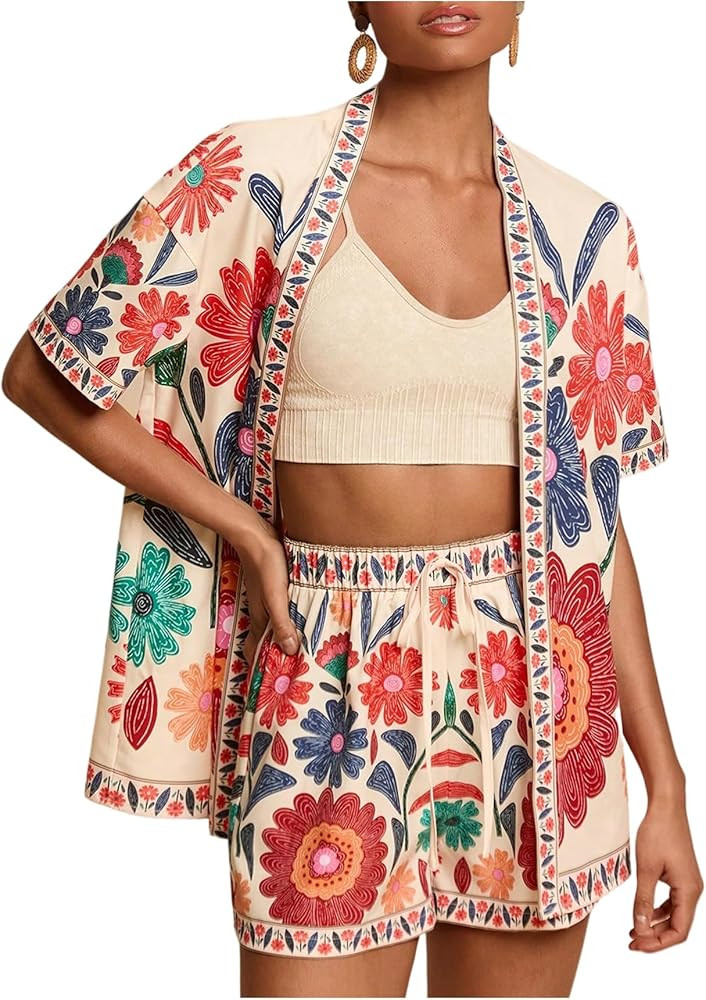 MakeMeChic Women's Two Piece Sets Summer Outfits Beach Vacation Floral Short Sleeve Kimono Boho T... | Amazon (US)