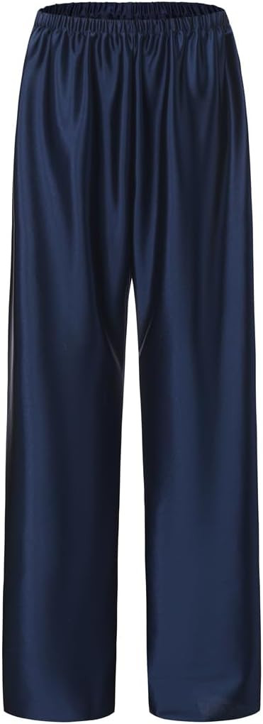 Women Satin Wide Leg Dress Pants Silk Casual Dressy Long Flowy Pants Elastic High Waisted Trousers | Amazon (US)