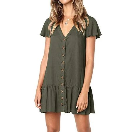 Womens V Neck Button Down Shirt Dresses Short Sleeve Ruffles Midi Skater Dress with Pockets | Walmart (US)