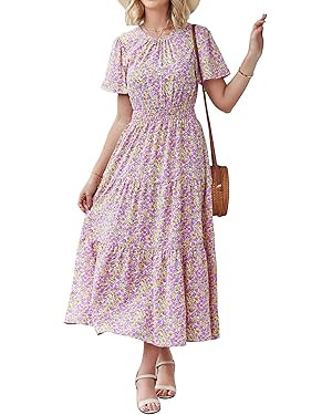 PRETTYGARDEN Women's Summer Casual Short Flutter Sleeve Round Neck Smocked Waist Tiered Boho Flor... | Amazon (US)