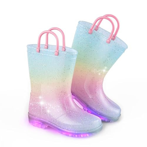 EUXTERPA Girls Glitter Light Up Waterproof Rain Boots Toddler Kids Rainbow Boots with Easy On Handles, Pink Gradient, Little Kid Size 11 | Amazon (US)