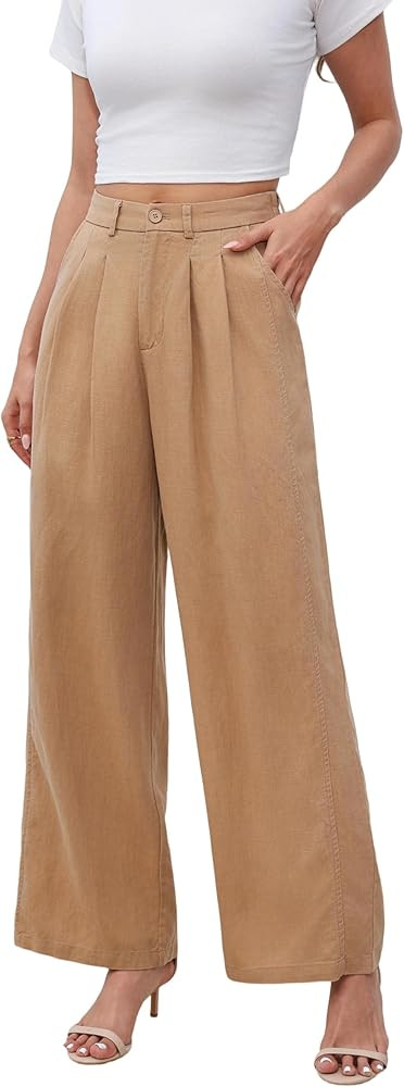 Love Welove Fashion Linen Pants Women, 100% Linen Wide Leg Pants with Elastic Back Waist, Khaki, ... | Amazon (US)