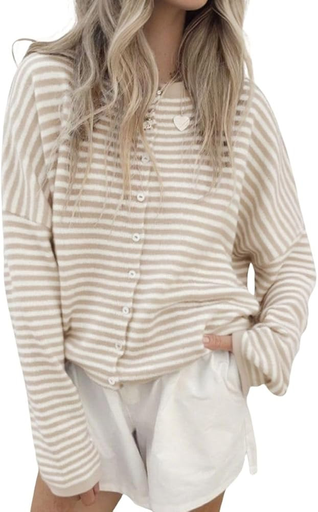 Women's Striped Cardigan Sweaters Long Sleeve Button Down Cropped Knit Lightweight Sweater | Amazon (US)