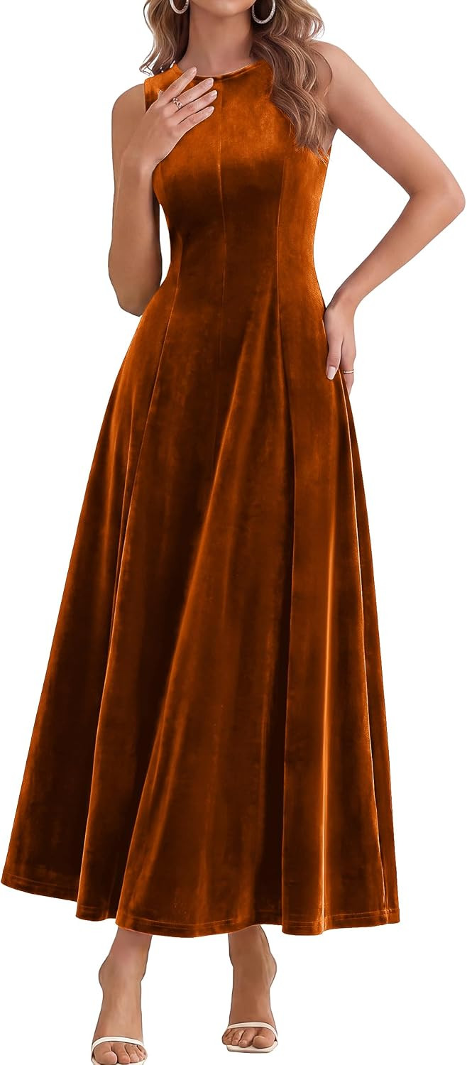 Simplee Women's Velvet Fall Sleeveless Crewneck Maxi Wedding Guest Dress | Amazon (US)