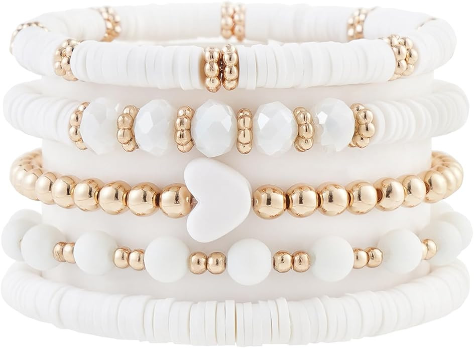 Heishi Beaded Stretch Bracelets for Women Stackable Gold Polymer Clay Beads Bracelets Friendship ... | Amazon (US)