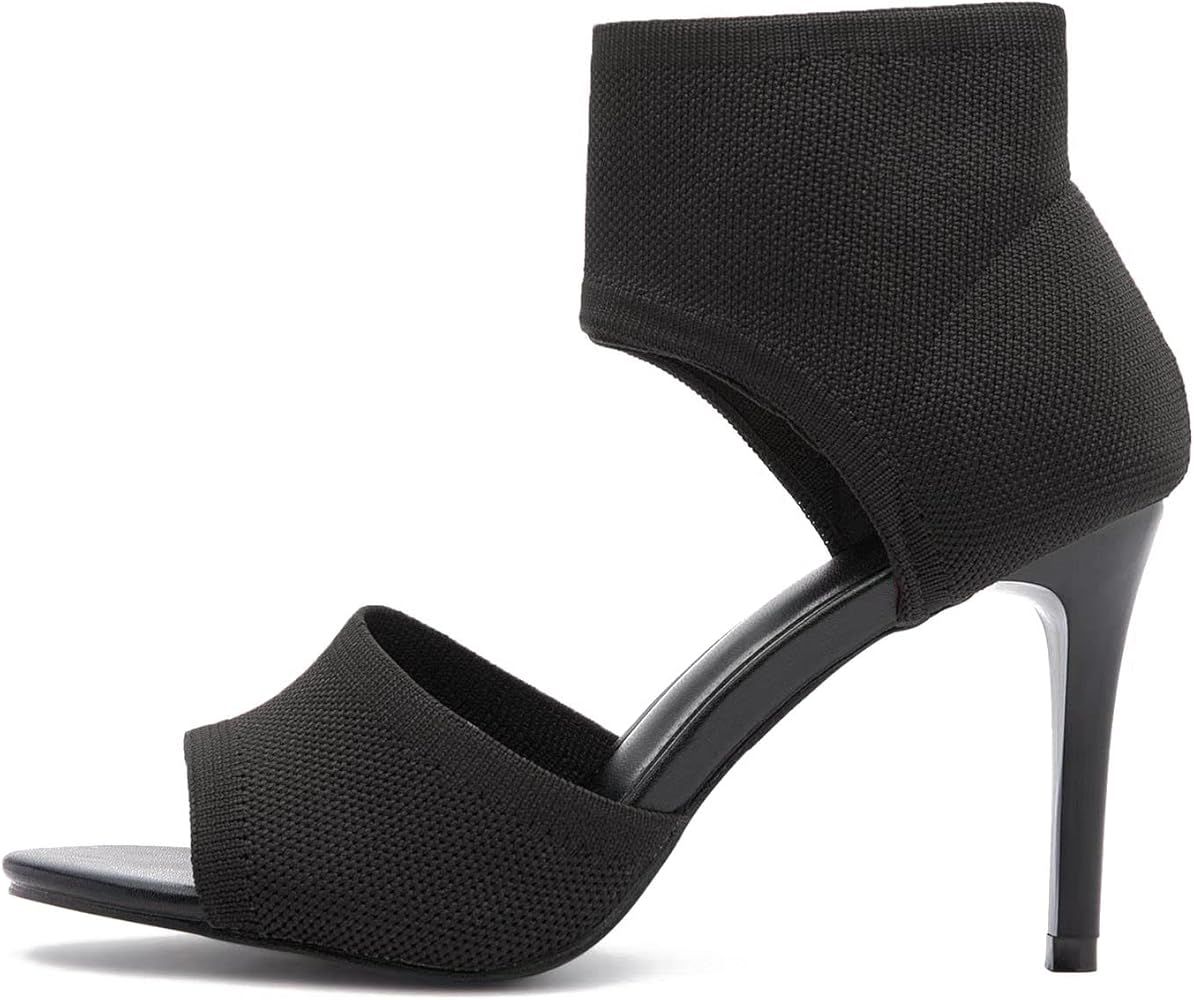 JishinGal Women's Peep Toe Stiletto Heeled Sandals Stretchy Knit Open Toe High Heels for Dressy W... | Amazon (US)