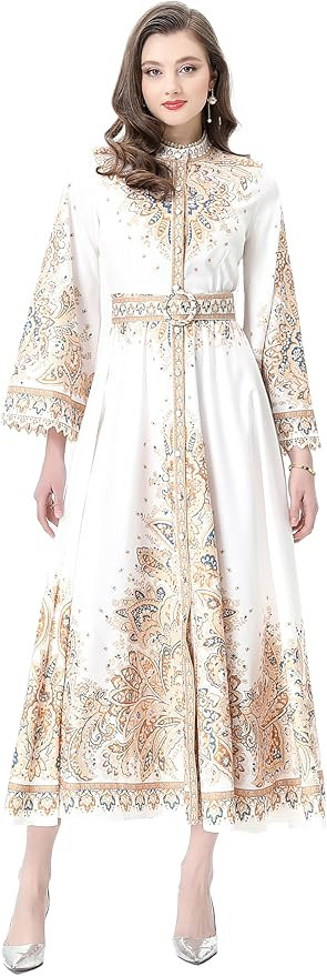 LAI MENG FIVE CATS Women's Floral Bell Sleeves Crew Neck Single Breasted Print Maxi Dress with Be... | Amazon (US)