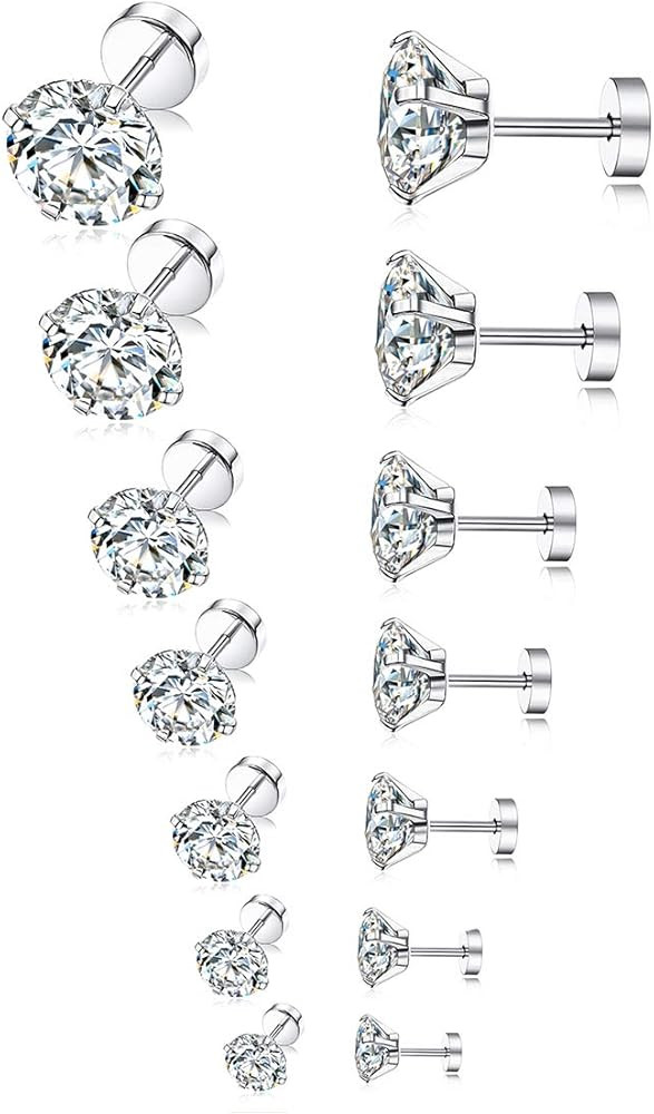 7 Pairs 20G Stainless Steel Stud Earrings Round Cubic Zirconia Barbell Earring Set For Men Women ... | Amazon (US)