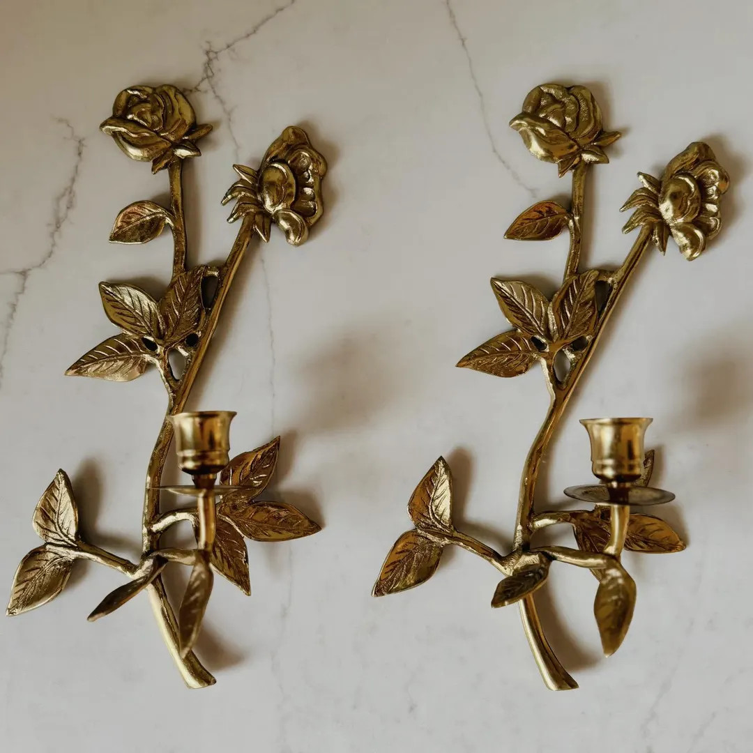 Pair of Vintage Solid Brass Rose Wall Hanging Taper Candle Sconces - Etsy | Etsy (US)