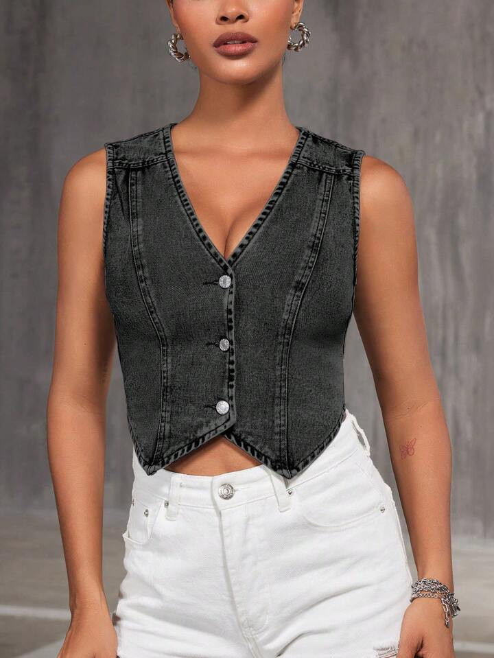 SHEIN BAE Solid Color V-Neck Denim Vest With Asymmetrical Hem And Front Buttons | SHEIN