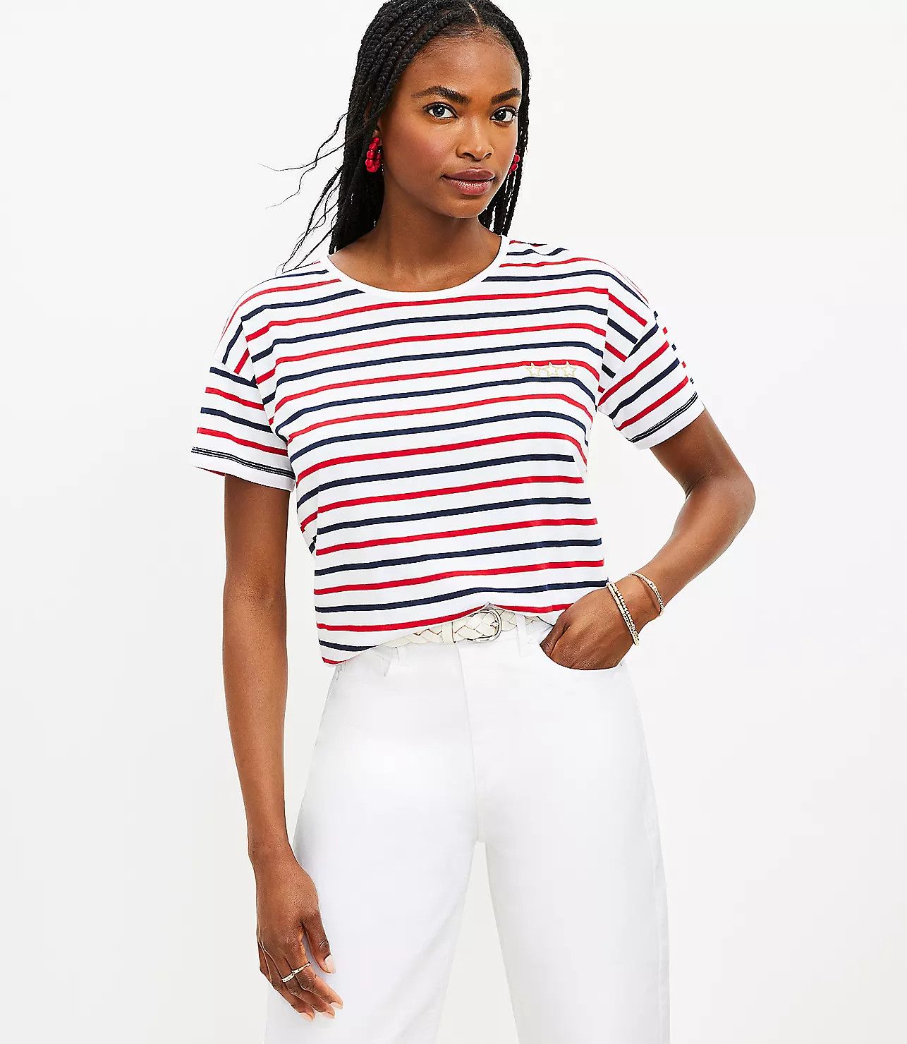 Petite Star Embroidered Stripe Relaxed Crew Tee | LOFT