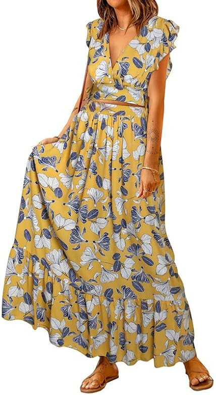 Dokotoo Women's Boho Dress Deep V Neck 2 Piece Skirt Sets Ruffle Cap Sleeve Tie Waist Wrap Chiffo... | Amazon (US)