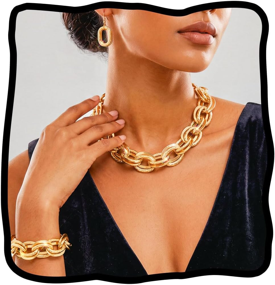 JEAIRTS Chunky Gold Chain Jewelry Set,Choker Bracelet Oval Hoop Earrings | Amazon (US)