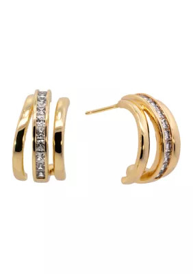 Gold Plated Multi Row Cubic Zirconia Post Hoop Earrings | Belk
