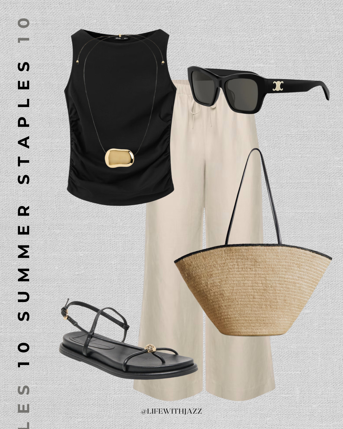 elevated summer outfit 

black tank / beige linen pants / strappy sandals / straw tote bag / gucci sunglasses