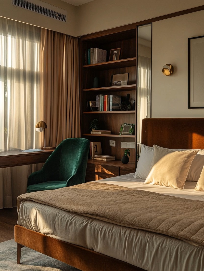 What caught your eye first?

The taupe velvet bed, the emerald green chair, or that beautifully styled bookshelf?

That’s the magic of this space — every piece quietly stands out.

This look sits right at the intersection of modern minimalism and mid-century warmth:

• A velvet bed in a timeless neutral — soft, rich, grounding
• An emerald accent chair — bold, but still refined
• A wooden desk + built-in shelving — functional, yet beautifully styled

Together, it creates a room that feels:

• Warm
• Elevated
• Effortlessly put together

This is where design is heading —
not plain minimalism, but intentional spaces with depth and character.

And the best part?

You don’t have to do everything.

• Start with the chair for a pop of color
• Or upgrade to a statement bed
• Or simply style a beautiful shelf moment

Even one piece can shift the entire room.

Because great design isn’t about more —
it’s about choosing the right pieces.

Shop our curated edit of taupe beds,  emerald green chairs, and wooden bookshelves: link below.

#BedroomDesign
#MidCenturyModern
#InteriorStyling
#HomeDecorIdeas
#VelvetFurniture
#ElegantLiving 

 #LTKHome