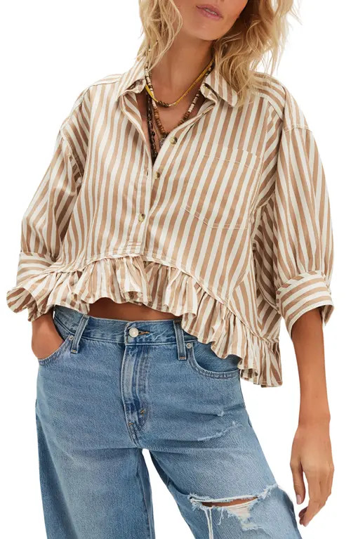 Free People Bailey Stripe Ruffle Hem Cotton Button-Up Shirt in Neutral Combo at Nordstrom, Size Medium | Nordstrom