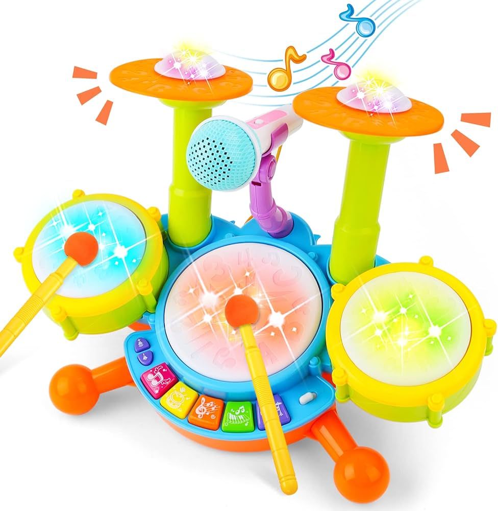 deAO Drum Set for Kids with 2 Drum Sticks and Microphone, Musical Instruments Playset, Birthday G... | Amazon (US)