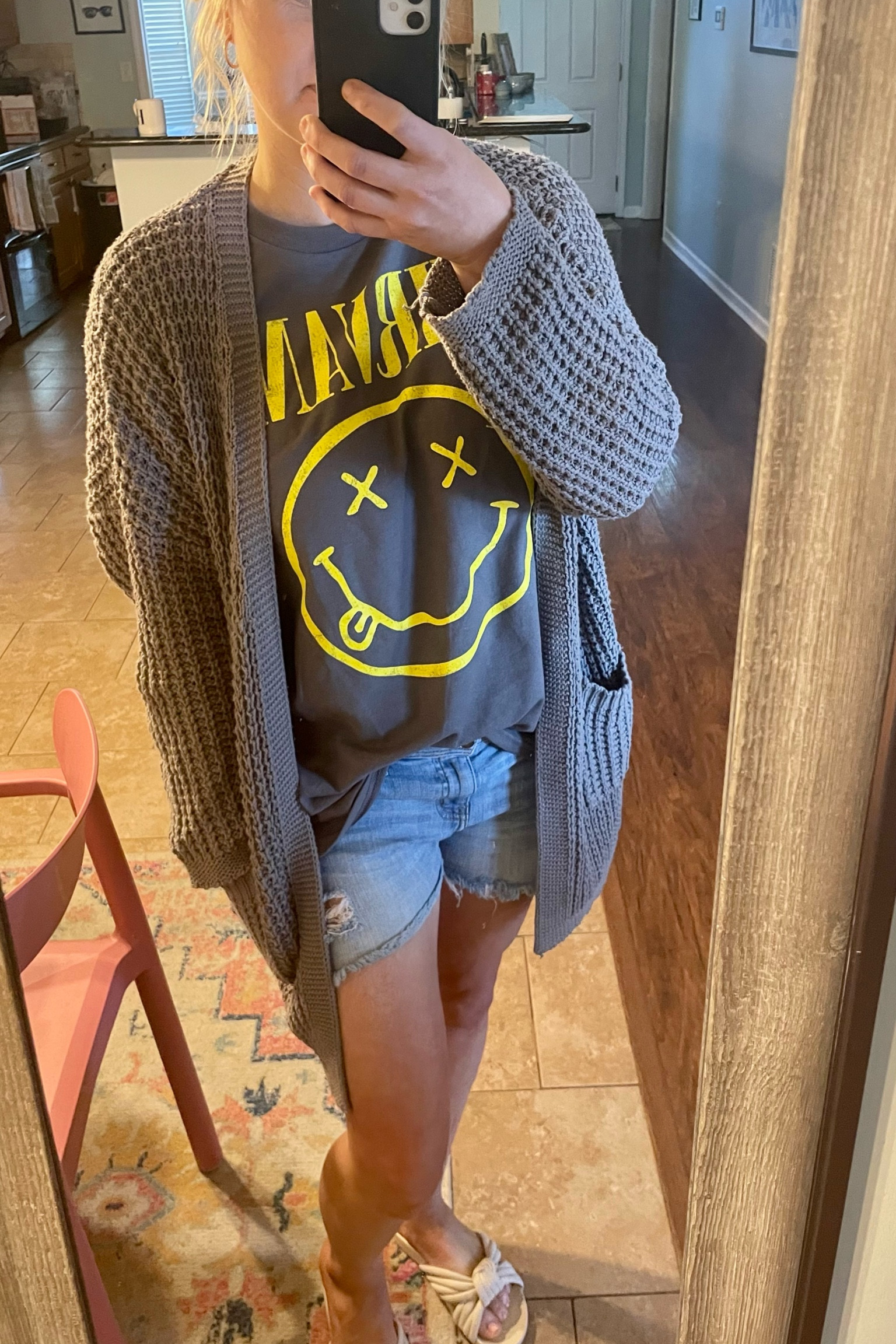 Spring outfit for a casual day look. Dress a cute band or graphic tee up or down. Love this Nirvana tee I got from Walmart and I LIVE in this Amazon cardigan 💛 Slides are from Target (got them on clearance in-store). 
#springoutfit #casual #graphictee #bandtee #walmart #amazon 

#LTKunder50 #LTKstyletip #LTKfit