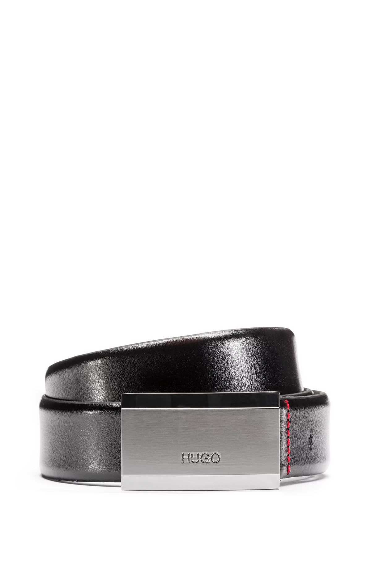 HUGO - Leather belt with branded gunmetal plaque buckle | Hugo Boss (US)