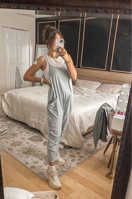 Free People FP dupe overalls, light blue outfit 🩵 Hoka Bondi 8 running shoe in shifting sand + eggshell 🤩 comfy cute outfit for the end of summer / Fall transition outfit while it’s still hot  

#LTKhome #LTKstyletip #LTKfindsunder50