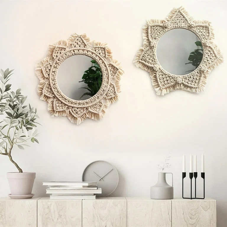 Hanging Wall Mirror with Macrame Fringe Round Mirror Art Boho Decor for Apartment Living Room Bed... | Walmart (US)