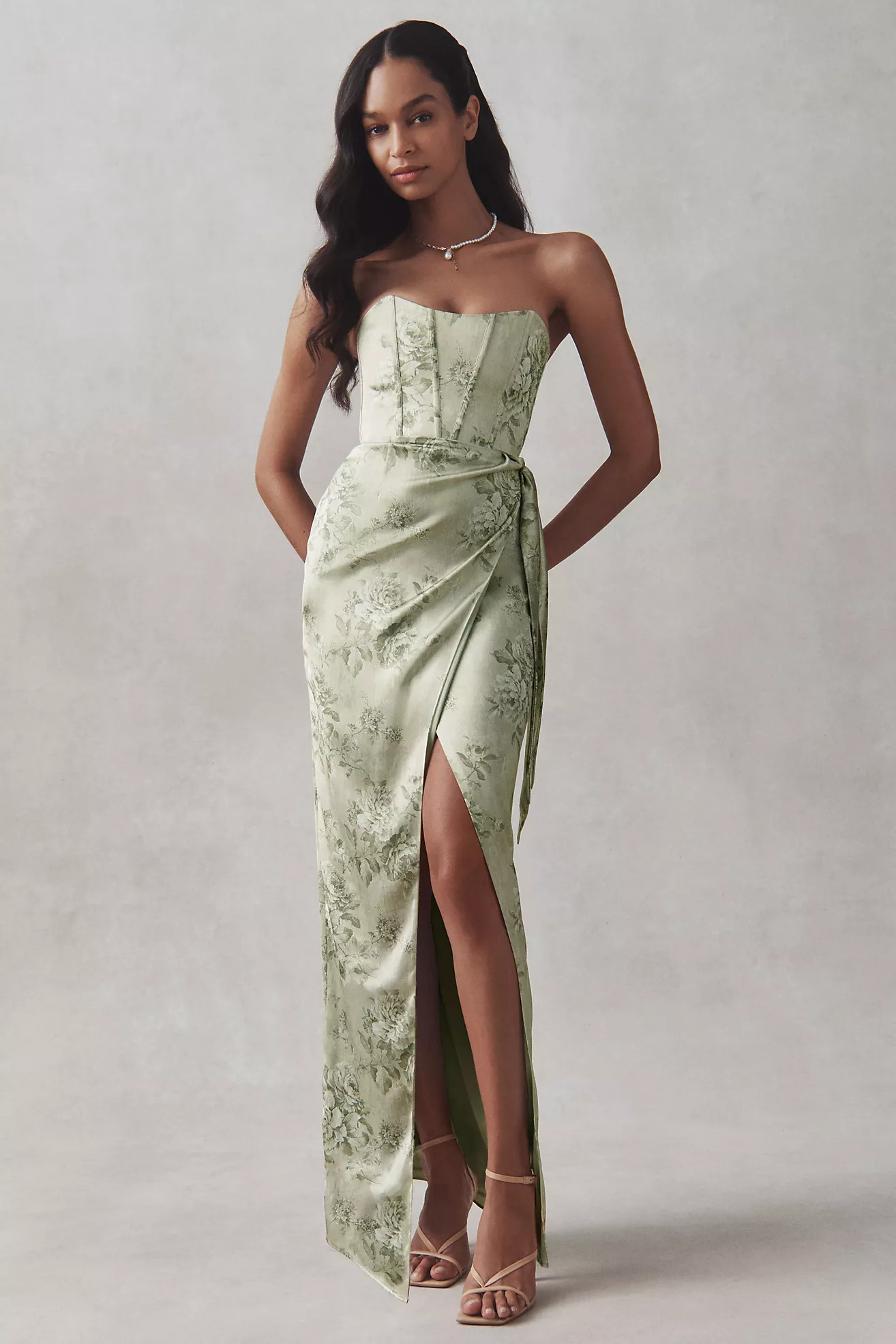 V. Chapman June Printed Corset Front-Slit Satin Gown | Anthropologie (US)