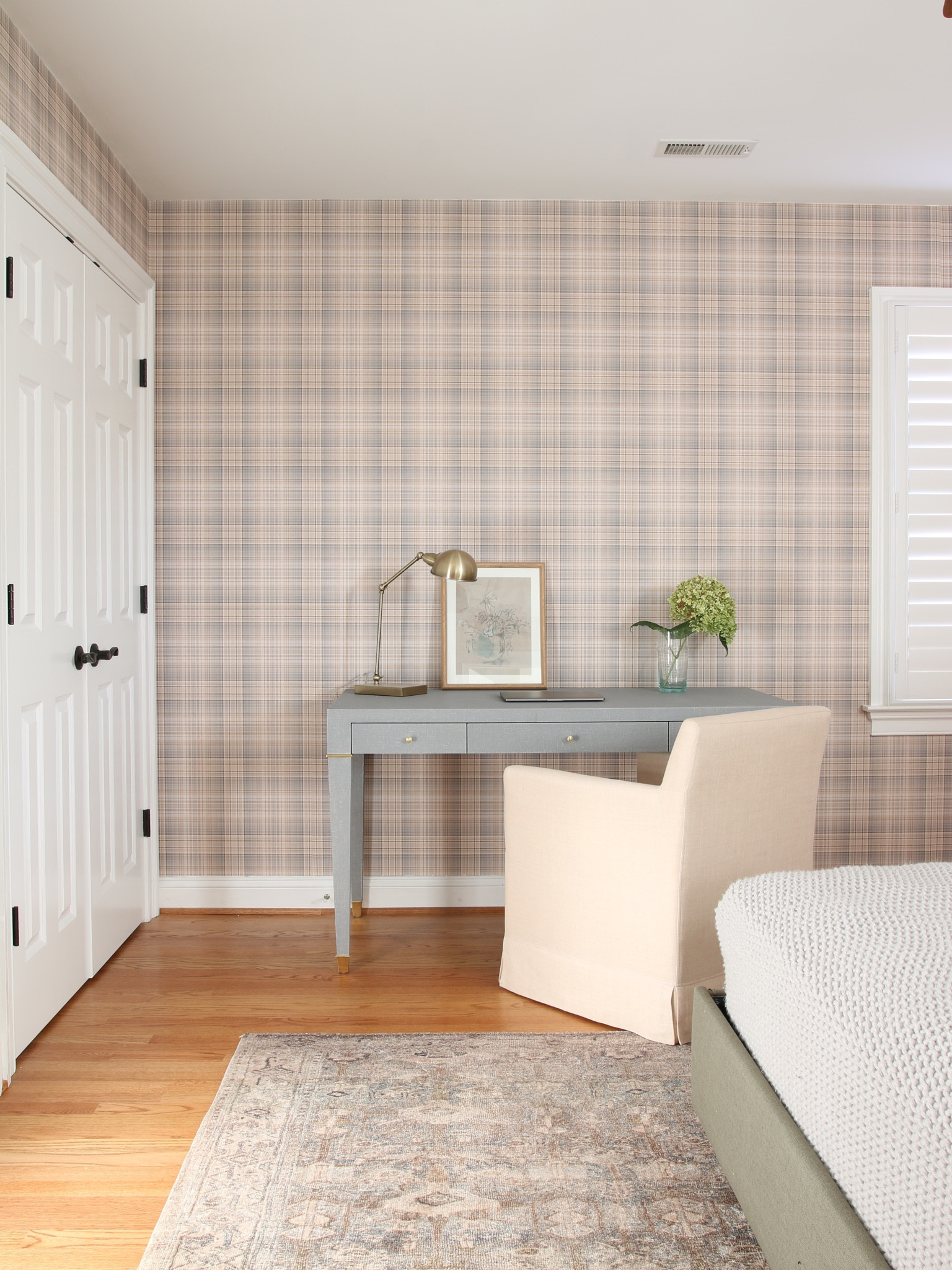 Here is a closer view of the work area. I like how the linen wrapped desk goes with the check plaid wall paper. I finished it with a vintage desk lamp and linen framed wall art

#LTKstyletip #LTKFind #LTKhome