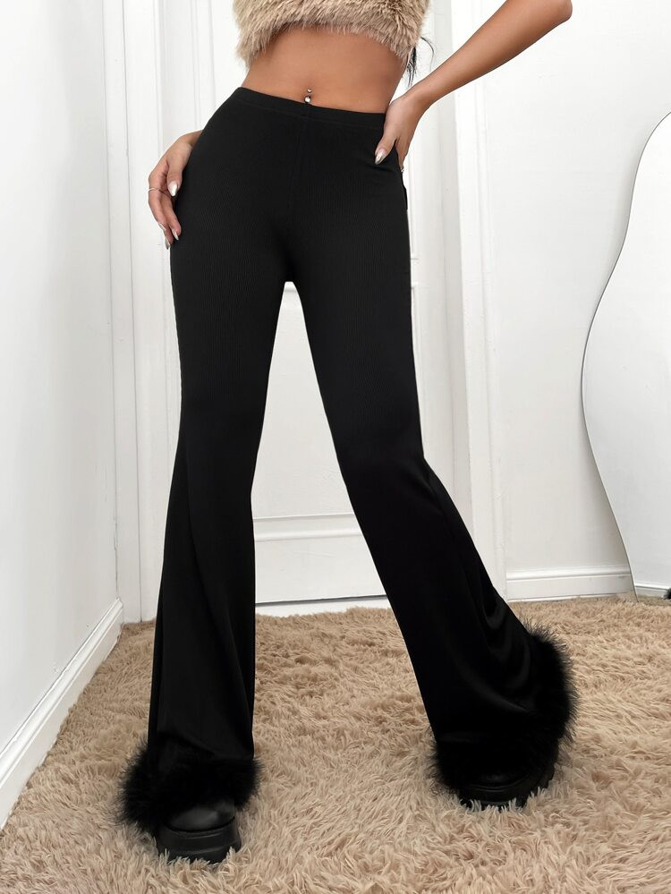 Fuzzy Trim Flare Leg Pants Without Chain Belt | SHEIN