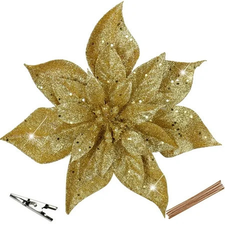 Briful 9'' Christmas Poinsettia Flowers 8PCS Glitter Artificial Flowers Large Christmas Ornament Flowers for Xmas Tree Wreath Garland Decoration Gold | Walmart (US)