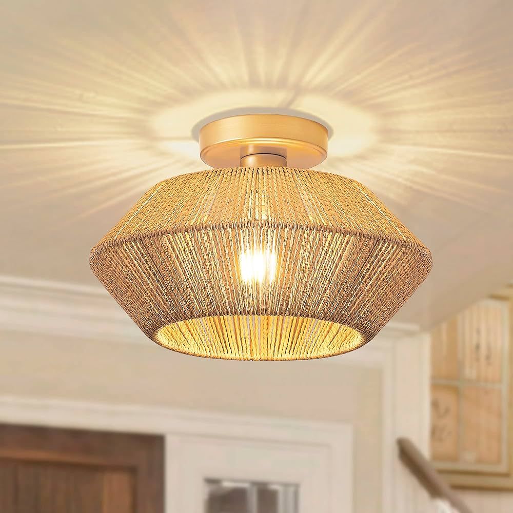 Imitation Rattan Flush Mount Ceiling Light, Hand-Woven Shrouded Hallway Ceiling Light Fixtures Fa... | Amazon (US)