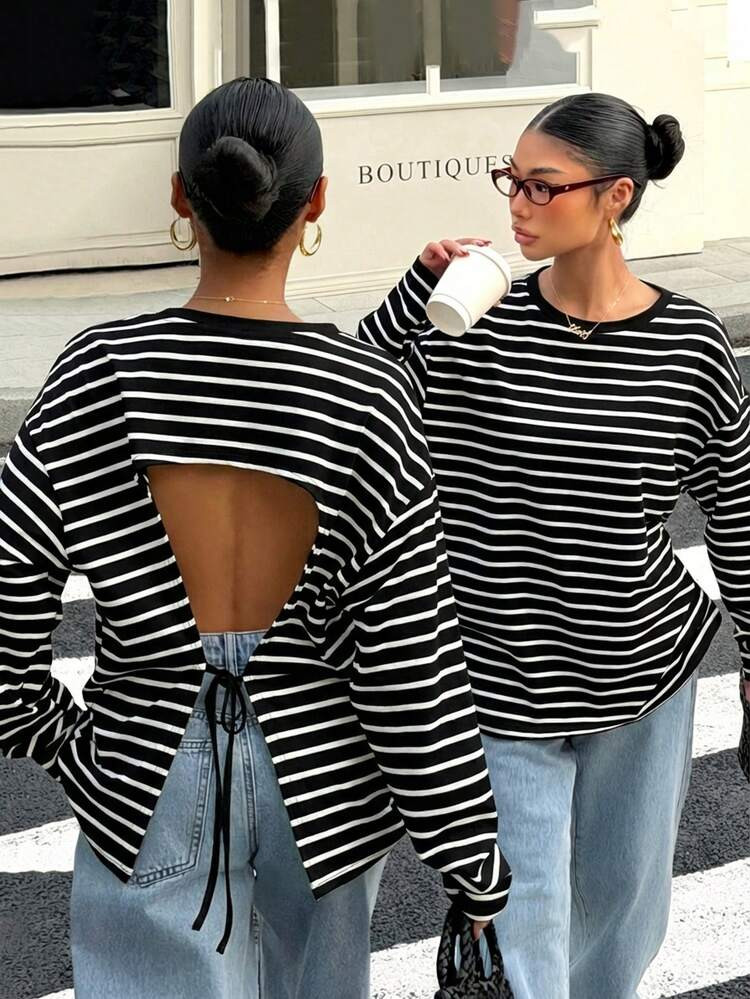 EU/UK Warehouse

Muchica Women's Loose Black Striped Backless Tie-Up Long Sleeve T-Shirt, Suitabl... | SHEIN
