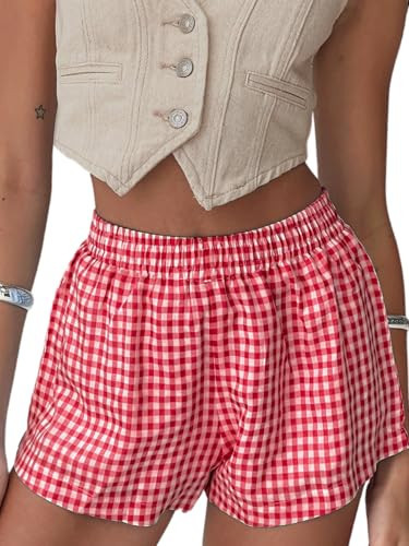 Chunoy Women's Y2K Pajama Shorts - Stylish Plaid Boxers for Women, Gingham Women’s Boxer Shorts with Pockets Small Red | Amazon (US)