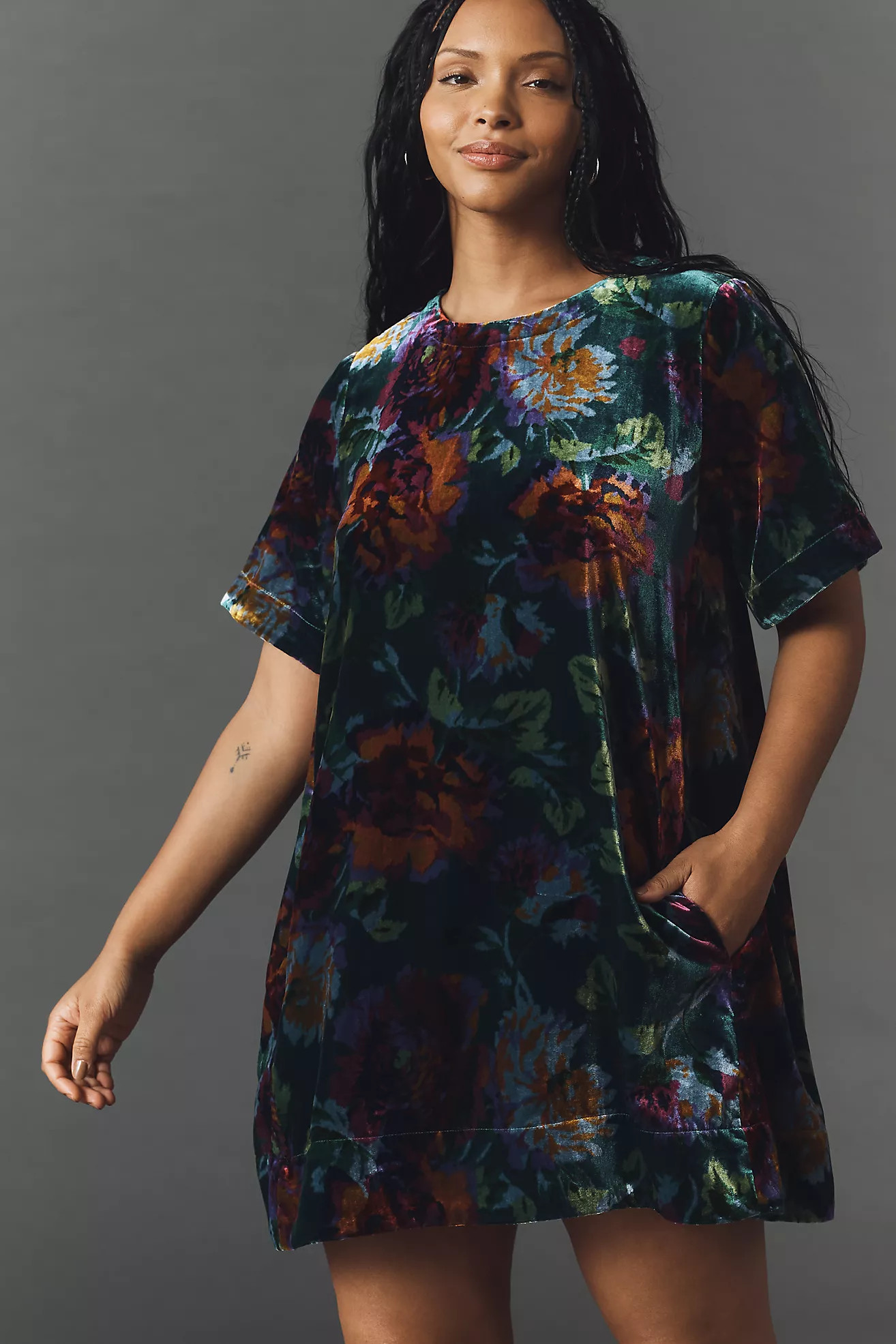 The Emmy Short-Sleeve Swing Mini Dress by Maeve: Velvet Edition | Anthropologie (US)
