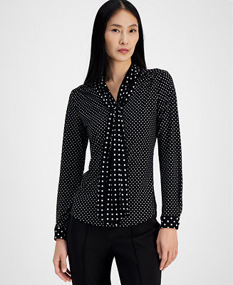 Women's Dot-Print Mixed-Media Tie-Neck Blouse | Macy's