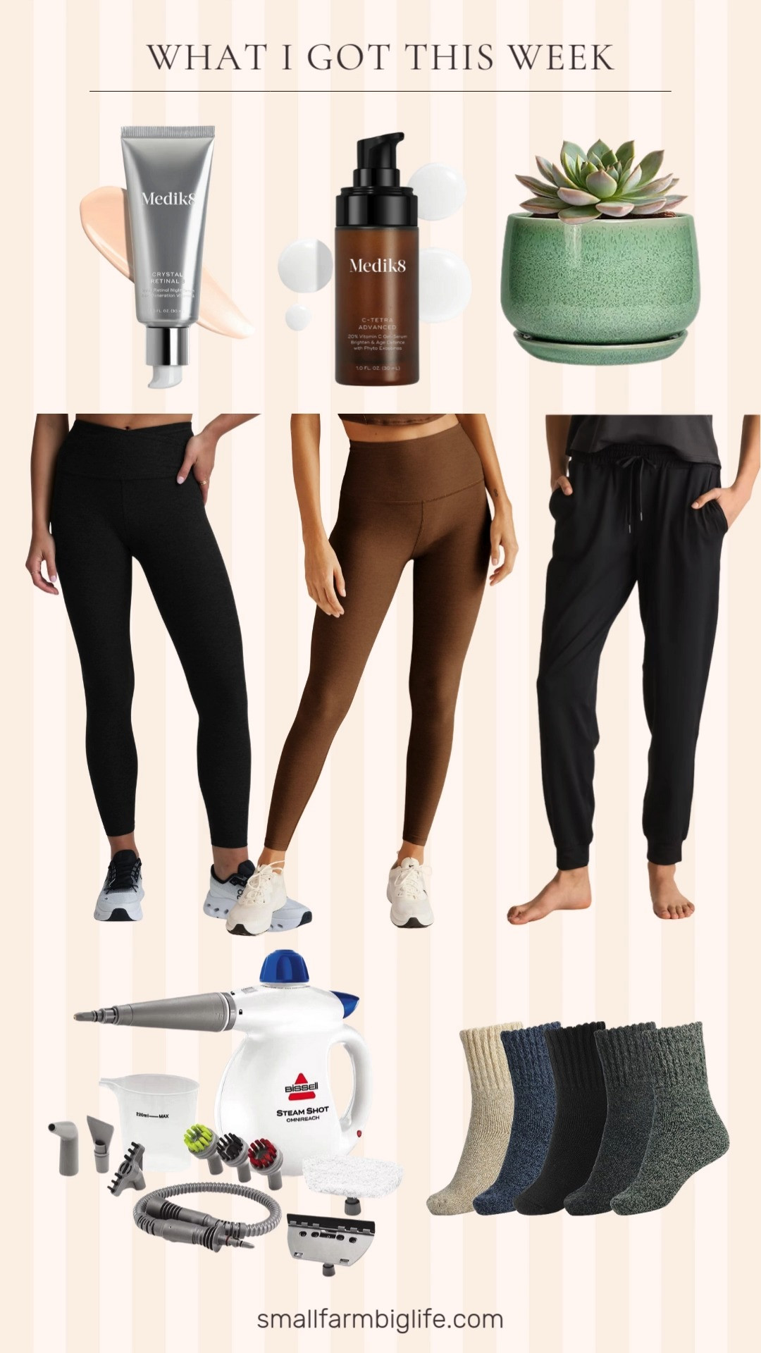 This is what I got this week from my Black Friday shopping. I'm a big fan of Beyond Yoga leggings. They are more expensive than ones I get on Amazon, but they last a really long time. They are also buttery soft while still being thick and don't roll down. These socks are thick and will be perfect for winter. They would make a great stocking stuffer. I can't wait to try these Medik-8 serums. I started with the second level for the retinol and will see how that goes with my rosacea. These joggers from Quince are lightweight without being thin and are so soft. They will be worn all winter long! This pot from Amazon came really well package and I can't wait for the plant I ordered to get here to put in it. This Bissell steamer is from Target and I'm going to mostly use it to clean the tracks in my windows and sliding doors. But I've also seen people clean their sinks and showers with it and will give that a try. 

 #LTKstorytime #LTKActive #LTKBeauty