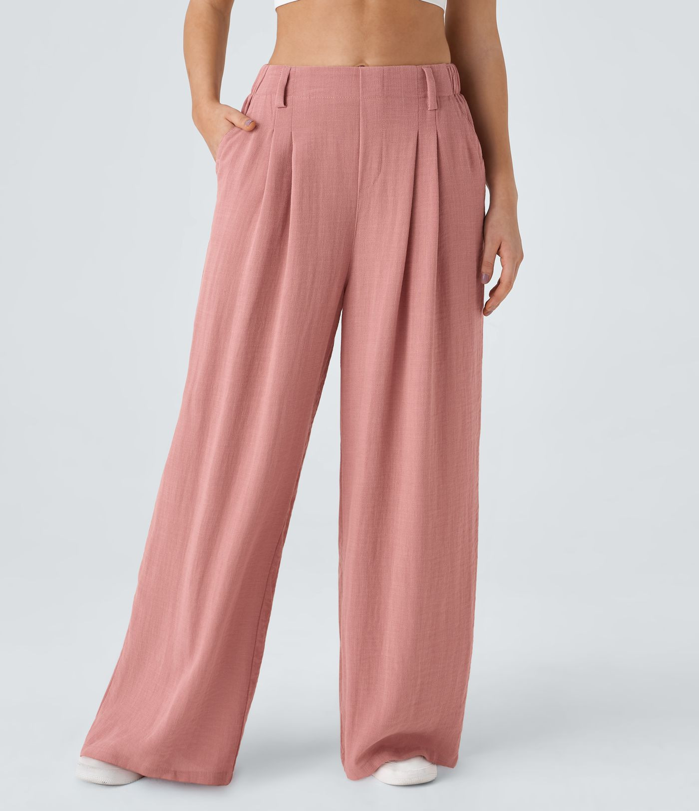 Women’s High Waisted Pocket Wide Leg Flowy Solid Palazzo Casual Linen-Feel Pants - Halara | HALARA