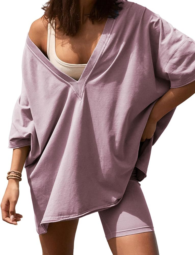 2 Piece Outfits for Women Hot Shot Reversible Set Oversized V Neck T-Shirt Tops Biker Short Track... | Amazon (US)