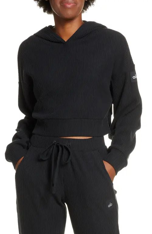Alo Muse Ribbed Crop Hoodie in Black at Nordstrom, Size X-Small | Nordstrom