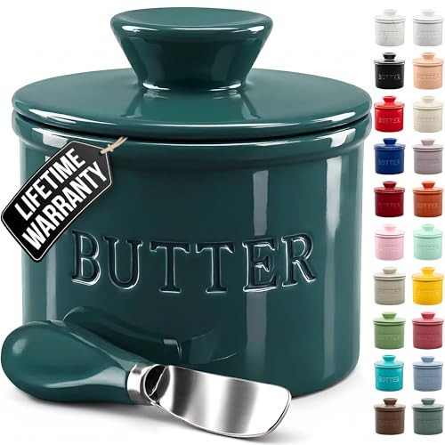 Zulay Kitchen Bell Shaped Butter Crock with Lid for Countertop with Water Line & Spreader Knife, Ceramic French Butter Dish Keeper For Fresh, Soft & Spreadable Butter - Forest Green | Amazon (US)