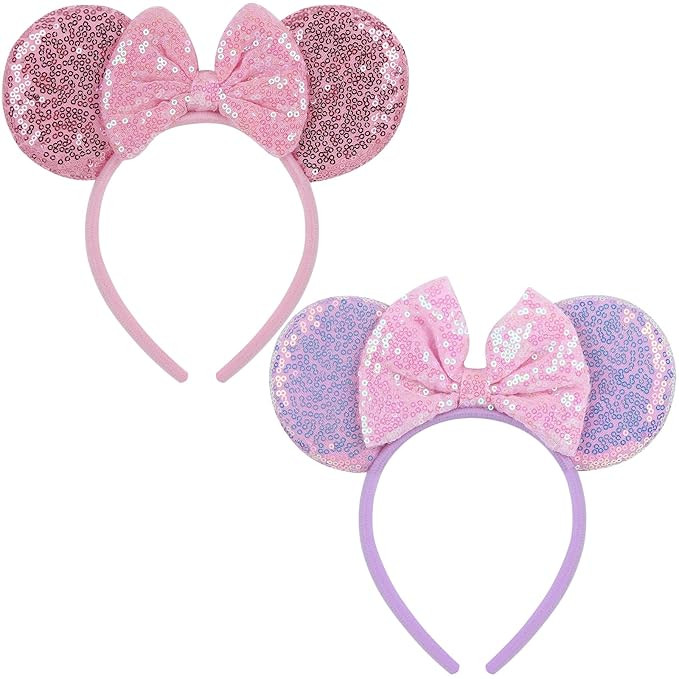 2 Pack Pink Purple Mouse Ears Headbands for Women Girls, Sequin Bow Headband for Cosplay Costume ... | Amazon (US)
