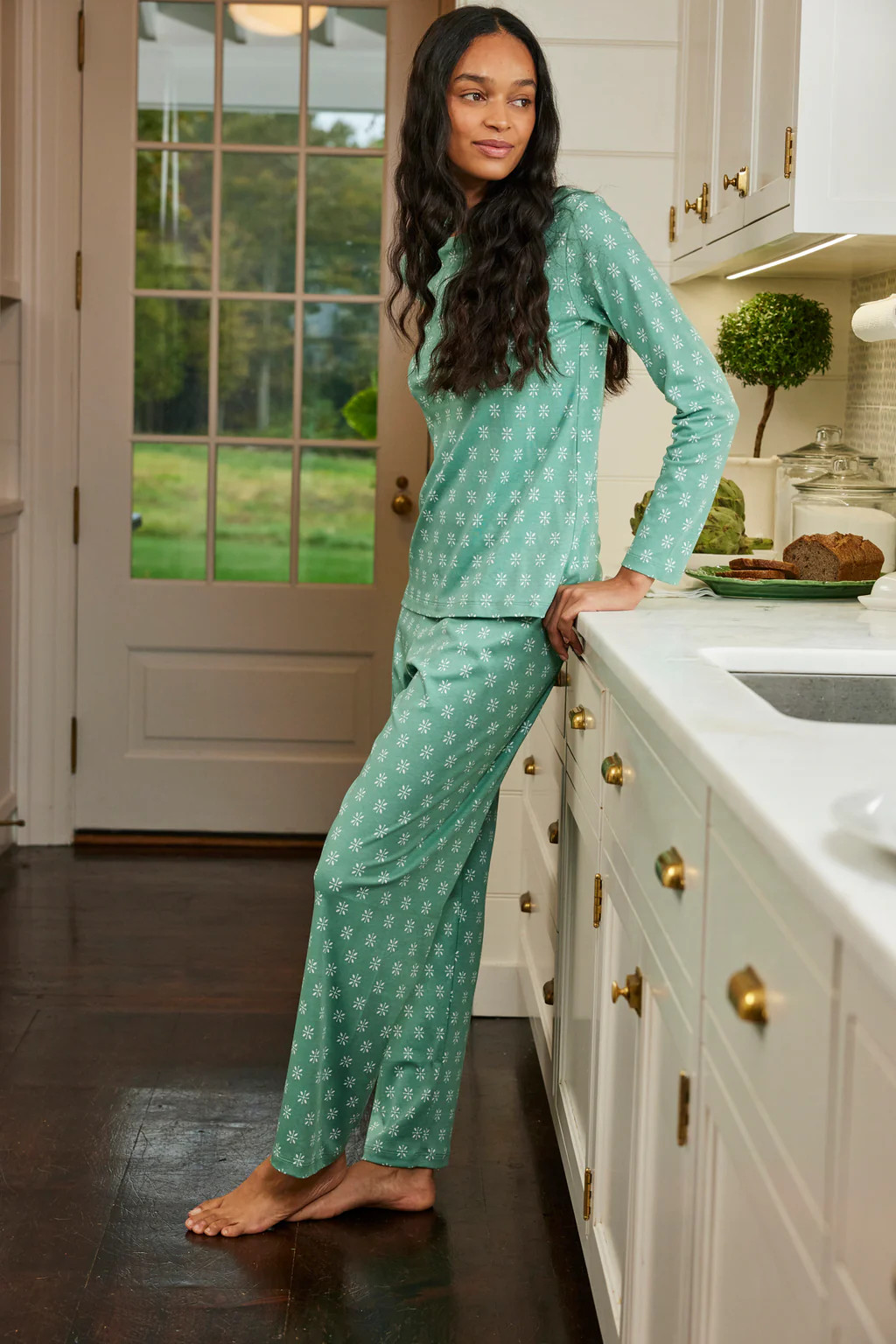Pima Crew Long Sleeve Bundle in Boxwood Moroccan Blockprint | Lake Pajamas